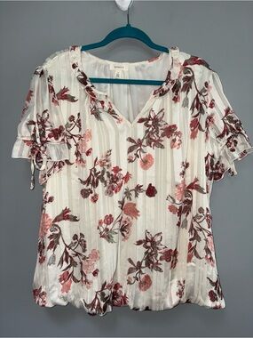 Tamara H Women’s Ivory V-Neck Pink Floral Blouse Gathered Waist Print Size 1X
